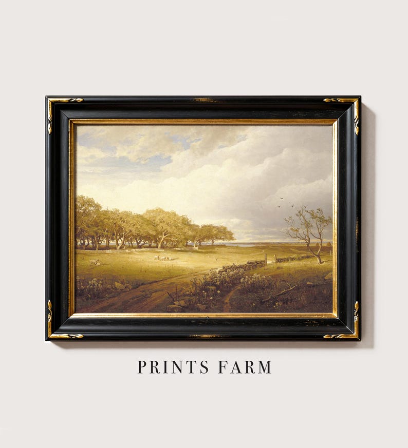 Framed landscape painting depicting a serene farm scene with a dirt path, trees lining the horizon under a partly cloudy sky. Text below reads "Prints Farm."