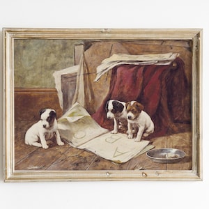 Puppies Antique Painting: Vintage Dog Portrait, Children&#39;s Room Art
