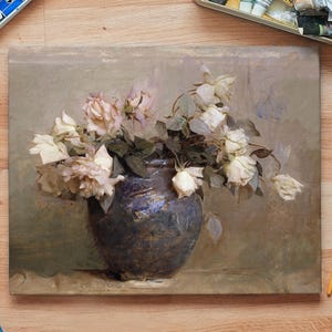 A painting of a bouquet of white roses in a dark blue vase. The roses are wilting and have a faded, vintage look. The background is a muted brown.