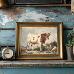 A rustic shelf displays a vintage cow painting in a gold frame, flanked by a decorative lamp, antique clock, and potted plants against a distressed blue wall.