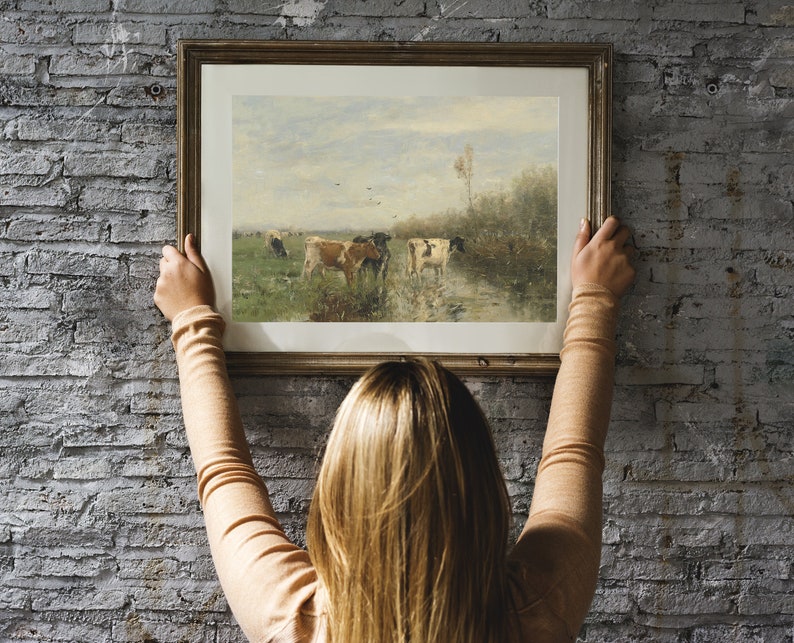 Cows Painting, Country Landscape, Riverside Painting, Home Decor, Vintage Art, Mailed Print / P46 Bild 5
