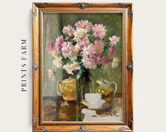 Chrysanthemum Still Life Painting, Vintage Floral Print, Botanical Decor / P812