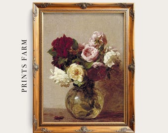 Vintage Roses Painting, Kitchen Art Print, Floral Still Life Decor / P425