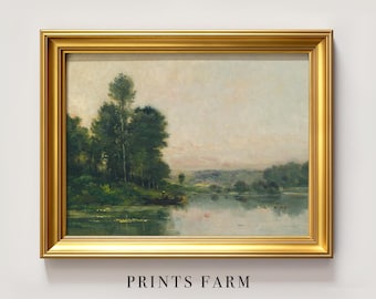 River Landscape Print, Country Cottage Painting, Farmhouse Wall Decor / P146