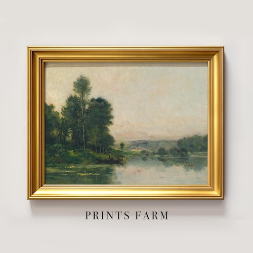 Impression de paysage de rivière, peinture de chalet de campagne, décoration murale de ferme / P146