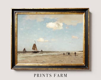 Sailing Boats Print, Vintage Seascape Painting, Beach House Decor / P810