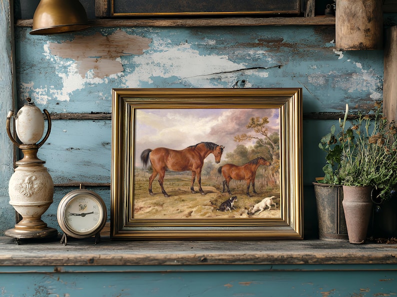 A framed painting of horses and dogs sits on a rustic, weathered blue shelf. Beside it, there's an antique clock and lush potted plants.