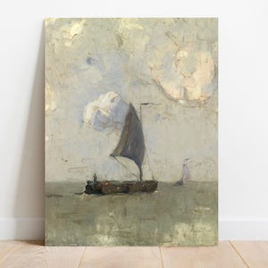 A painting of a sailboat with a dark brown sail on a body of water. The sky is a light blue with white clouds.