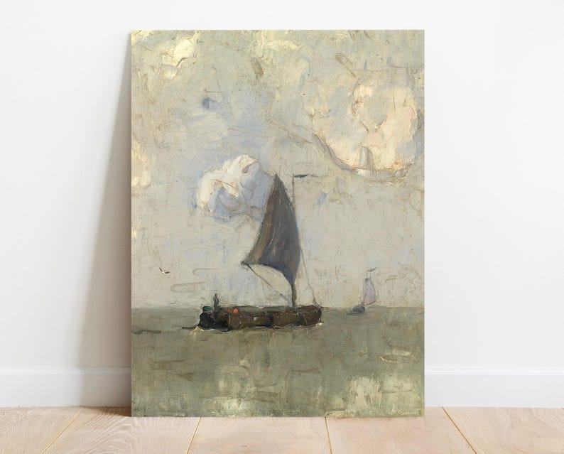 A painting of a sailboat with a dark brown sail on a body of water. The sky is a light blue with white clouds.