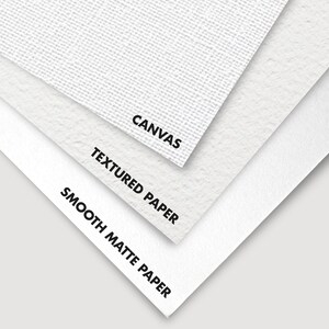 Three overlapping sheets illustrate different paper textures: the top is canvas, the middle is textured paper, and the bottom is smooth matte.