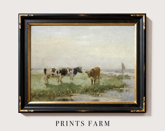 Cows Painting, Farm Animal Wall Art, Rustic Country Decor / P850