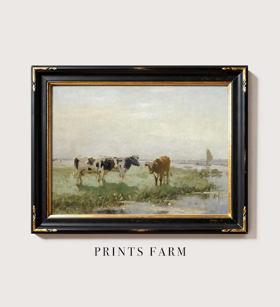 Cows Painting, Farm Animal Wall Art, Rustic Country Decor / P850