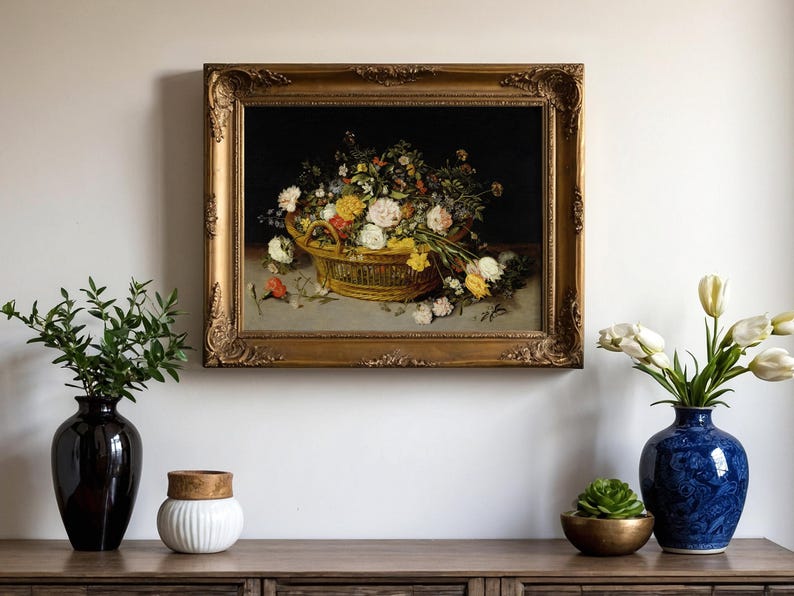 A framed painting of a lush flower basket on a wall with a dark background. Below are decorative vases with flowers and plants, creating an elegant scene.