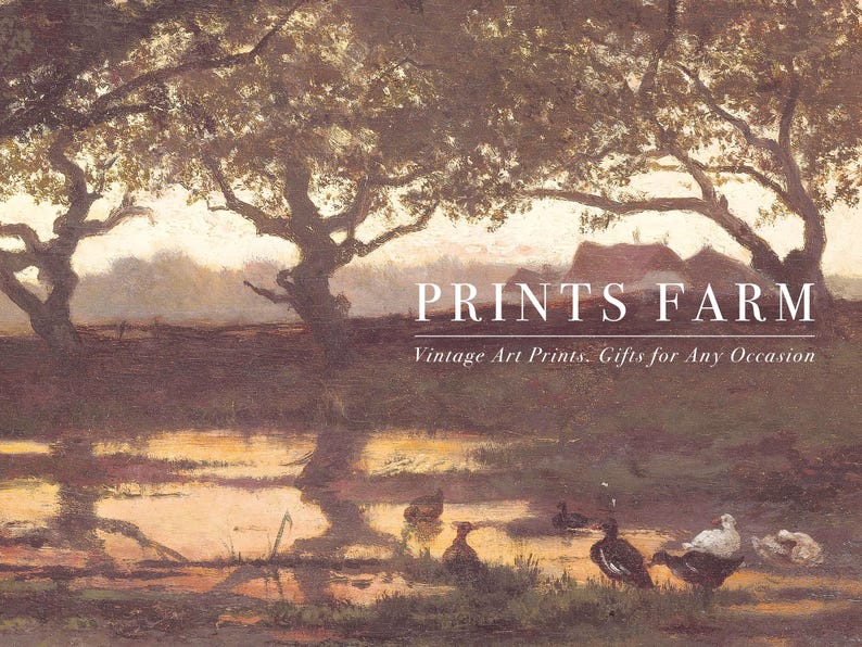 Vintage-style artwork of a tranquil farm scene with ducks by a pond, large trees, distant farmhouse, and warm, soft lighting. Text reads "Prints Farm."