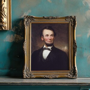 Framed portrait of a bearded man in formal wear on a weathered teal wall. The ornate frame and vintage tone evoke a historical, respectful ambiance.