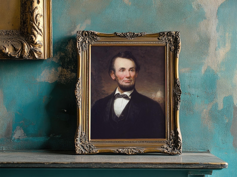 Framed portrait of a bearded man in formal wear on a weathered teal wall. The ornate frame and vintage tone evoke a historical, respectful ambiance.
