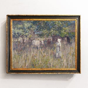 Woman with Cows, Country Landscape, Cows Painting, Countryside Painting, Farmhouse Decor / P582