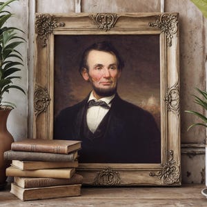 Framed portrait of Abraham Lincoln on a shelf with three potted plants and a stack of old books. The scene conveys a historical and cozy ambiance.