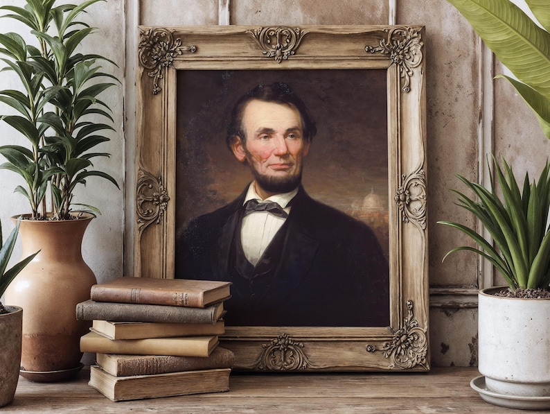 Framed portrait of Abraham Lincoln on a shelf with three potted plants and a stack of old books. The scene conveys a historical and cozy ambiance.