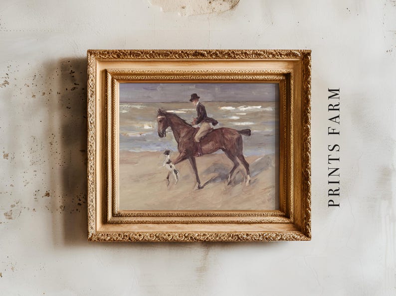 A framed painting depicts a person on horseback with a dog on a beach. The scene is serene, with soft colors and an antique-style frame. "PRINTS FARM" is visible on the wall.