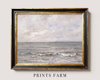 Vintage Seascape Painting, Coastal Art Print, Beach House Decor / P441