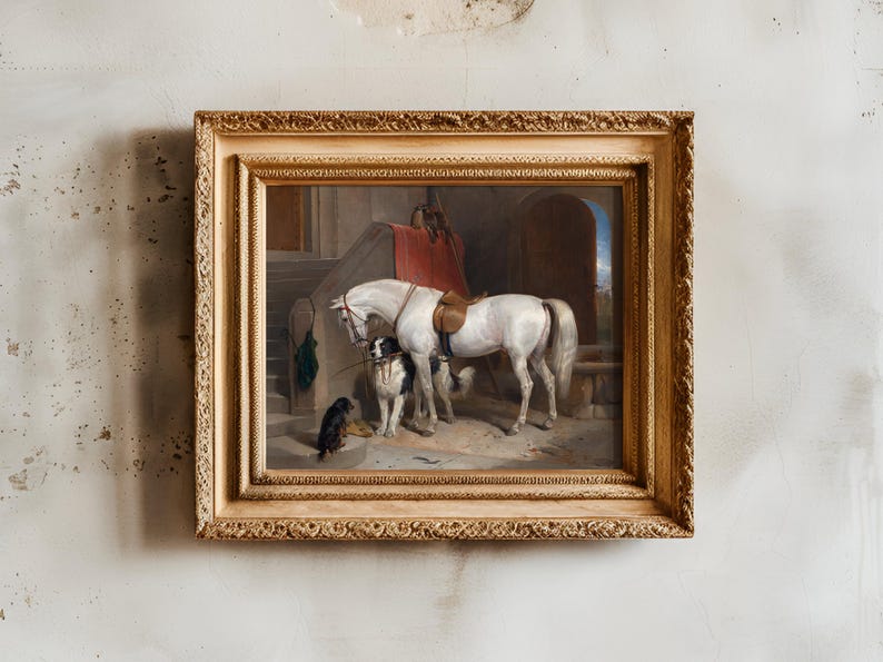 Framed painting on a textured wall depicting a white horse with a saddle, two dogs sitting nearby. Warm tones evoke a serene, nostalgic scene.