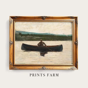 Fishermen Painting, Lake Landscape, Vintage Wall Art / P499
