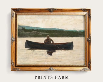 Fishermen Painting, Lake Landscape, Vintage Wall Art / P499