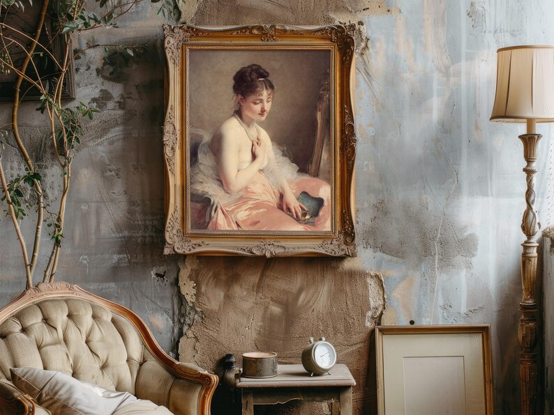 Framed vintage painting of a seated woman in a pink dress on textured wall. Cozy antique room with a beige armchair, clock, and tall lamp. Classic and serene.