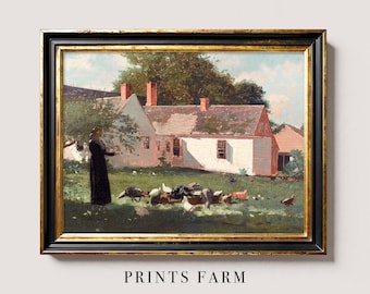 Vintage Farm Painting, Cottage Art Print, Farmhouse Decor / P488