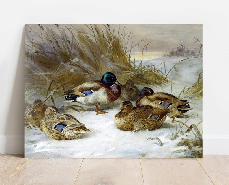A painting of a group of ducks in a snowy landscape. The ducks are brown, green, and white, and they are huddled together in the snow. The background is a blurry landscape of trees and snow.