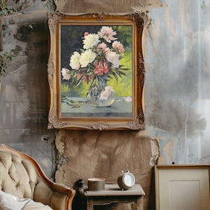 Ornate-framed floral painting on rustic wall. Cozy setting includes a vintage tufted armchair, side table with clock, and elegant floor lamp.
