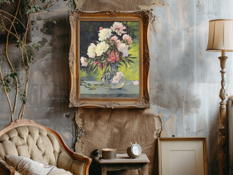 Ornate-framed floral painting on rustic wall. Cozy setting includes a vintage tufted armchair, side table with clock, and elegant floor lamp.