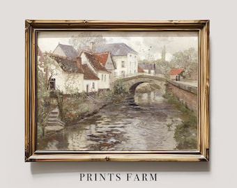 Cottage Landscape Print, River Painting, Countryside Decor / P456