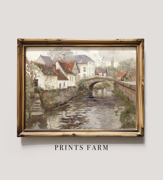 Cottage Landscape Print, River Painting, Countryside Decor / P456