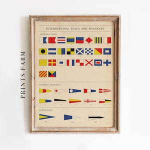 May include: Framed print featuring a vintage nautical chart of international flags and pennants. The chart includes alphabet flags, numeral pennants, and substitutes. The print has a beige background with colorful flags and is labeled "Prints Farm."