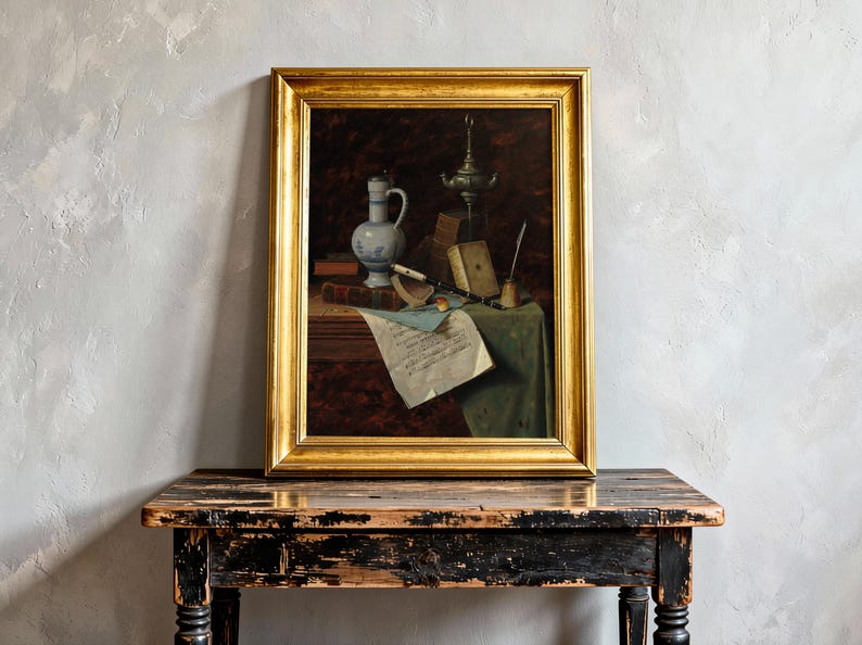 Framed still-life painting on a rustic table. Features a jug, candlestick, books, and documents, conveying a vintage and serene mood.