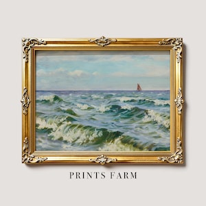 Seascape Painting Print, Vintage Sailboat Wall Art, Summer Decor / P562