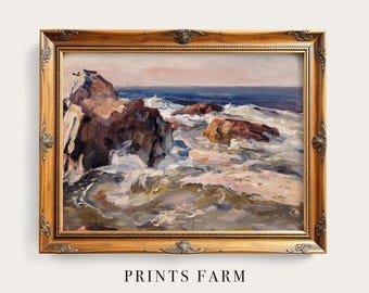 Vintage Seascape Painting, Coastal Landscape, Beach Wall Art / P507