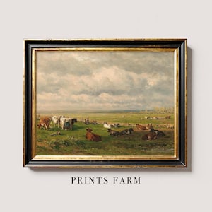 Cows Art Print, Vintage Farm Painting, Country Meadow Landscape / P62
