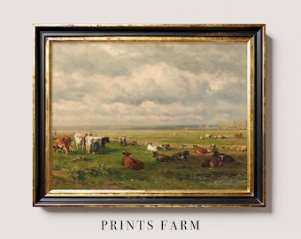 Cows Art Print, Vintage Farm Painting, Country Meadow Landscape / P62