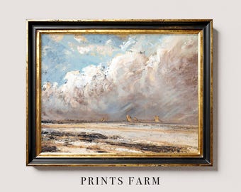 Moody Seascape Painting, Sailboat Wall Art, Beach Landscape Print / P585