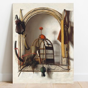 A still life painting features an arched niche containing a birdcage, a horn, and other hunting tools, creating a rustic and nostalgic feel.