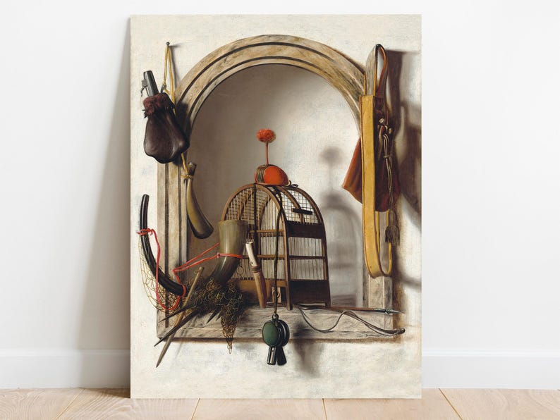 A still life painting features an arched niche containing a birdcage, a horn, and other hunting tools, creating a rustic and nostalgic feel.