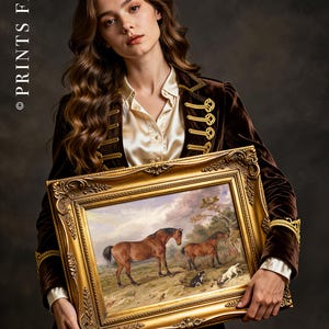 Woman in a velvet coat holds a framed painting of horses in a pastoral scene. The setting is elegant, with a serene and classic atmosphere.