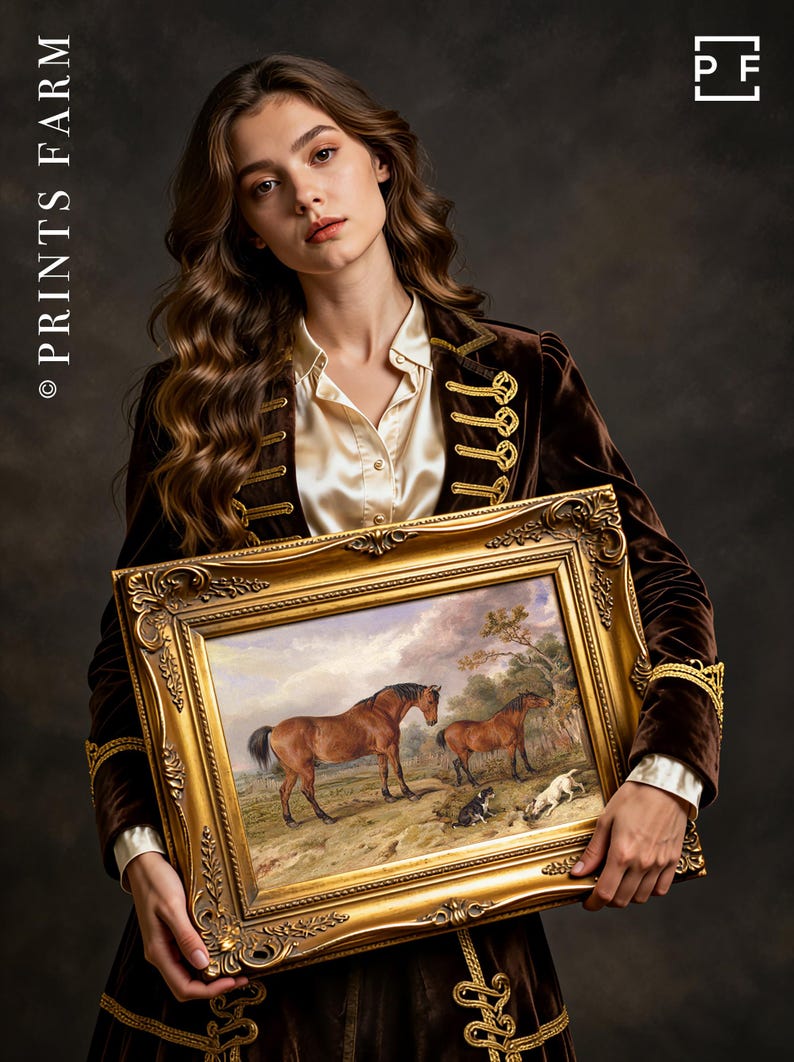 Woman in a velvet coat holds a framed painting of horses in a pastoral scene. The setting is elegant, with a serene and classic atmosphere.