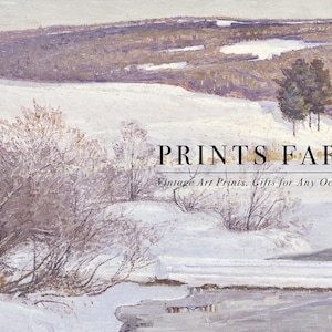 Winter landscape with snowy hills and bare trees under a soft purple sky. Text reads "Prints Farm: Vintage Art Prints, Gifts for Any Occasion."