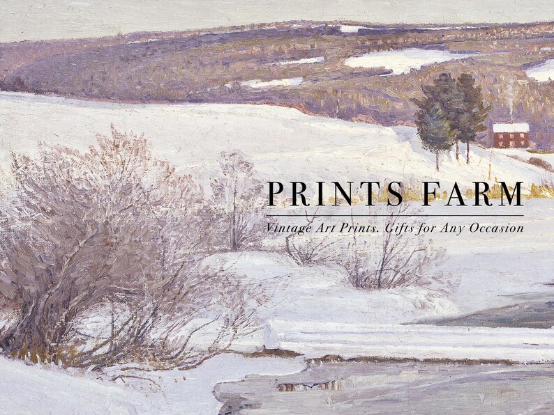 Winter landscape with snowy hills and bare trees under a soft purple sky. Text reads "Prints Farm: Vintage Art Prints, Gifts for Any Occasion."
