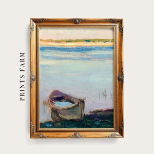 A framed painting depicts a small boat on a calm lake with soft pastel hues. The tranquil scene conveys serenity. Text reads "Prints Farm" on the left.