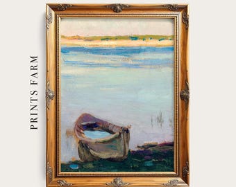 Vintage Boat Painting, Coastal Art Print, Lake House Decor / P849